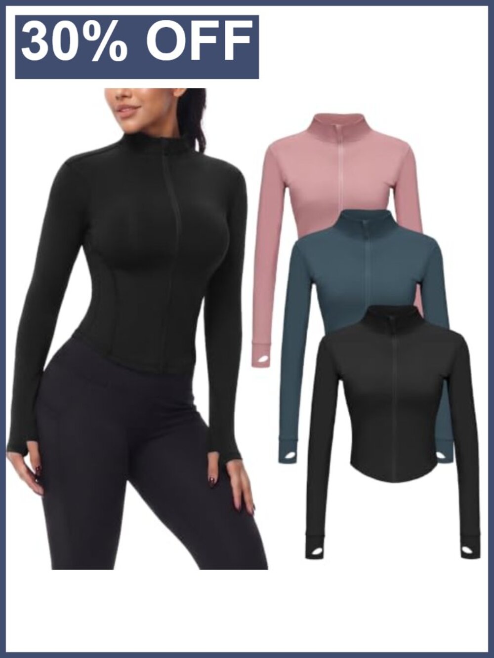 Womens Cropped Full Zip Workout Jacket with Thumb Holes Slim Fit